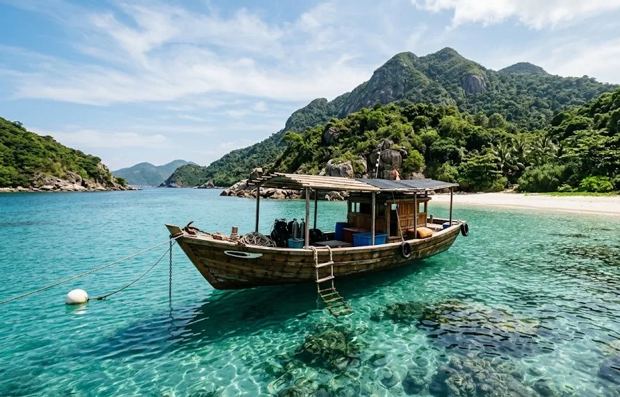 Wooden dive boat moored in a clear turquoise cove beside a jungle-covered island