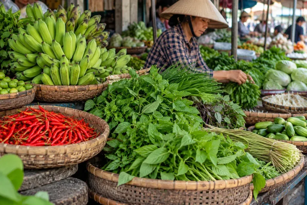 AI illustration: Fresh produce in baskets at a market stall