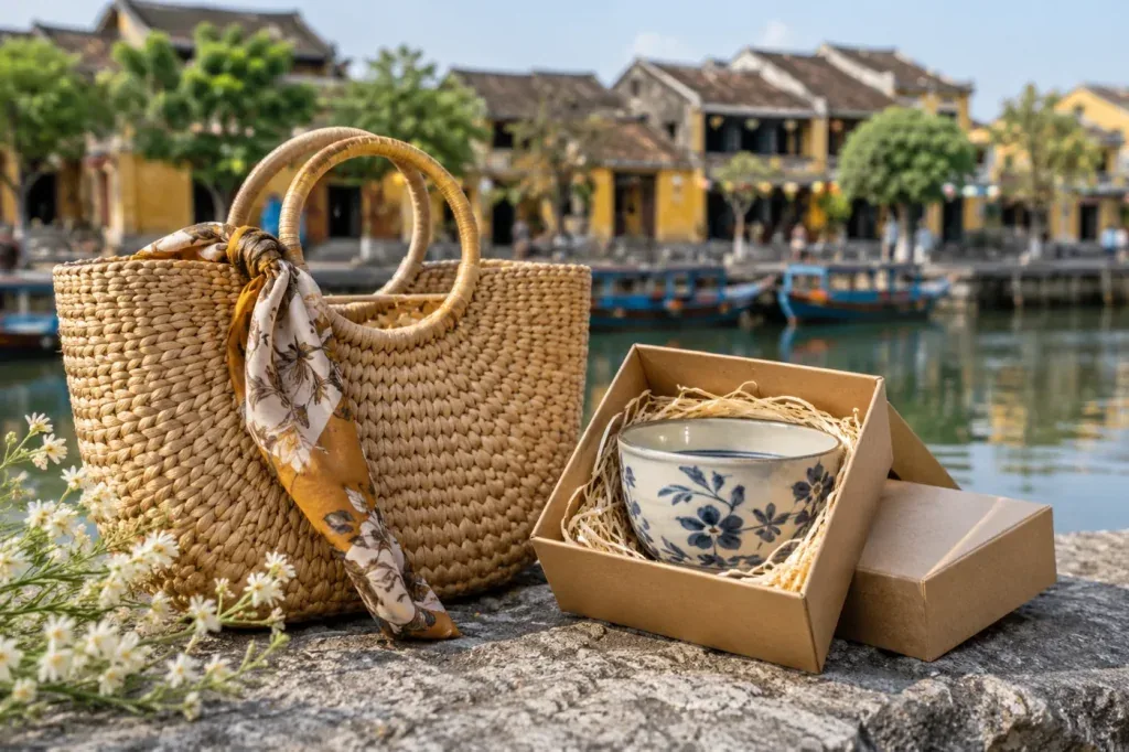 AI illustration: A woven shopping bag and packed ceramic souvenir