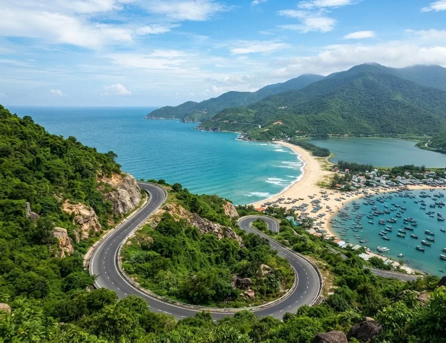 Winding mountain pass road above a crescent beach, lagoon and fishing village