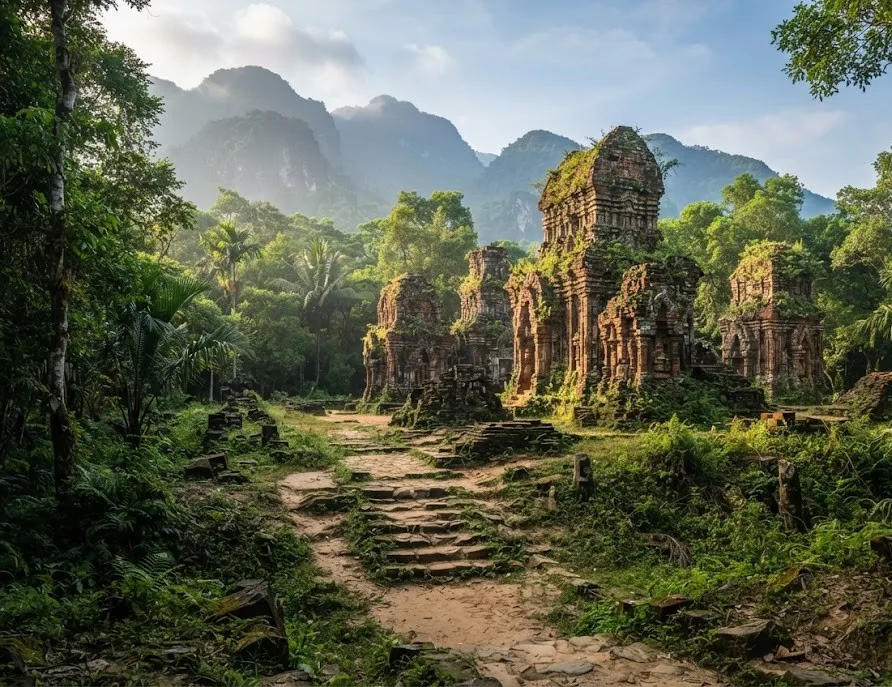 Moss-covered Cham brick temple ruins in a jungle valley below mountains