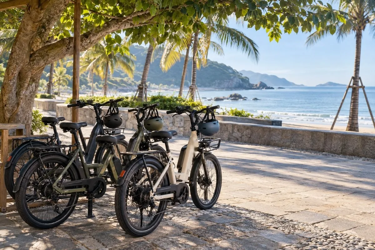 Electric bicycles with helmets parked under a tree on a seaside promenade