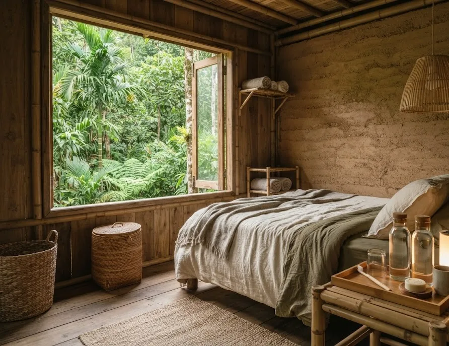 Eco lodge room of bamboo and rammed earth with glass water bottles and a forest view