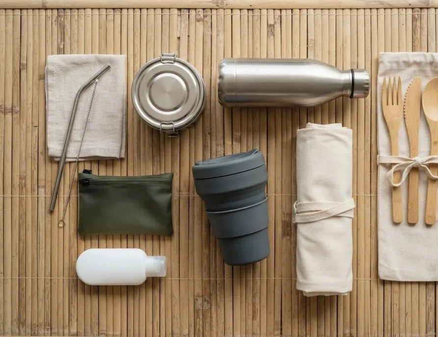 Zero-waste travel kit: steel bottle, bamboo cutlery, metal straw, cloth bag and lunch box