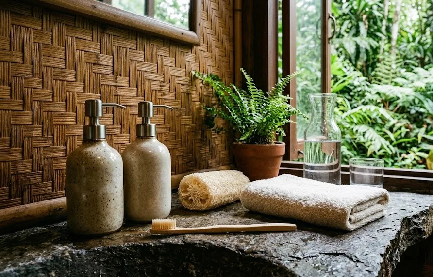 Refillable ceramic dispensers, bamboo toothbrush, loofah and water carafe in an eco-lodge bathroom