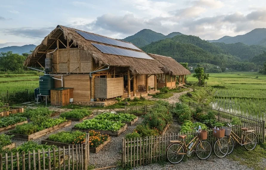 Bamboo and rammed earth lodge with solar panels, rainwater tank, vegetable garden and bicycles