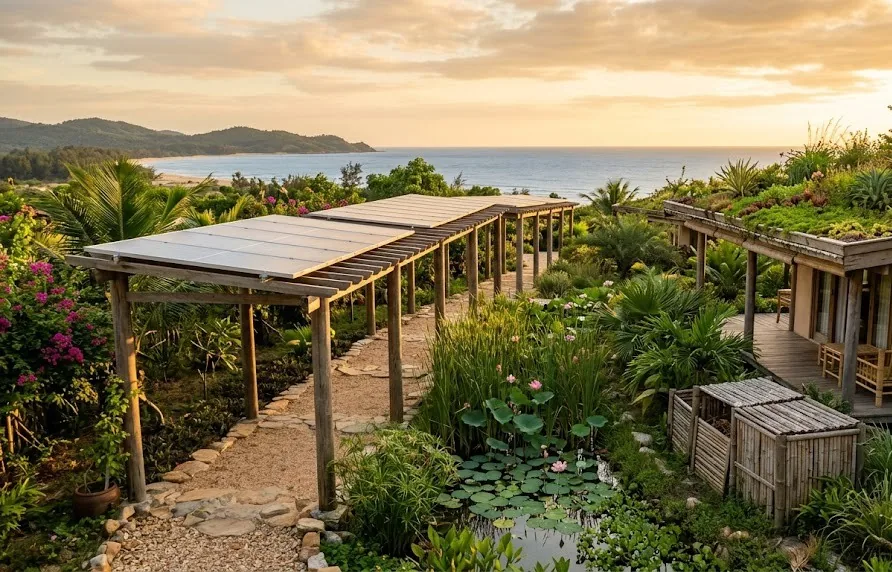 Coastal eco-resort garden with solar pergola, reed bed pond, compost bins and green roof bungalow