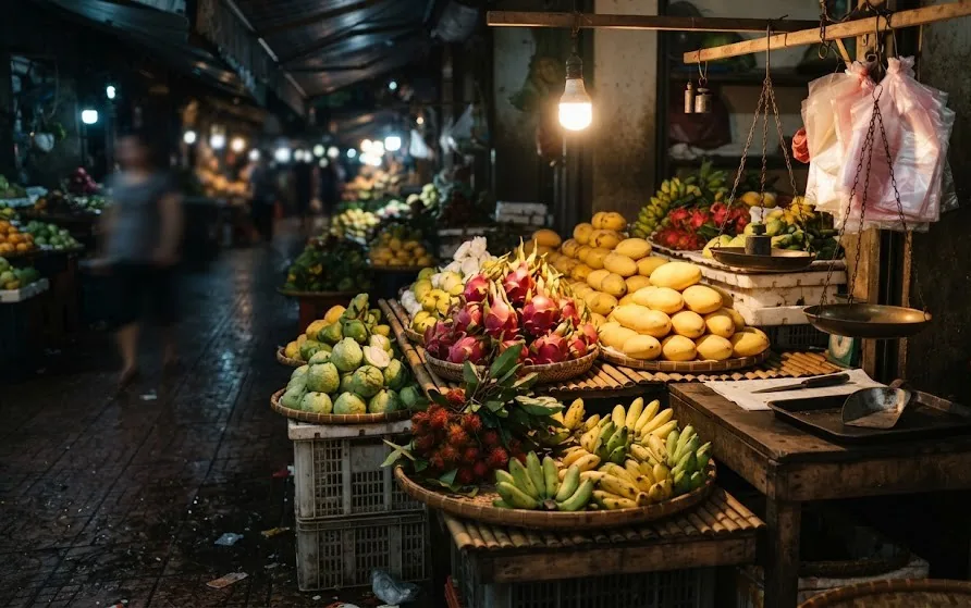 Market stall piled with mango, dragon fruit, guava and bananas under a warm bare bulb at night