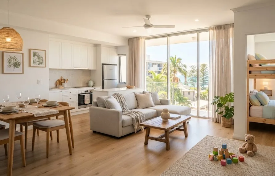 Bright family apartment living room with sofa, toys and a bunk bed bedroom