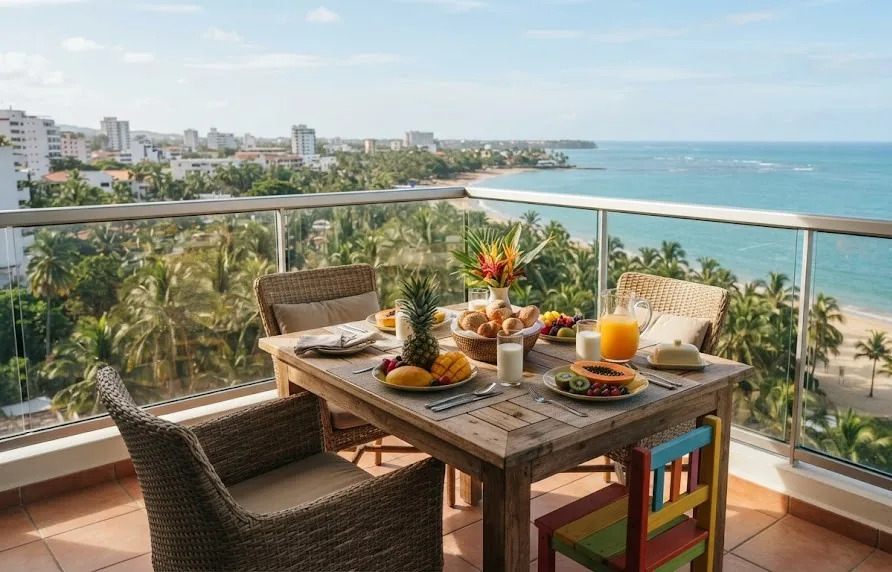 Apartment balcony breakfast table for a family overlooking palms and the sea