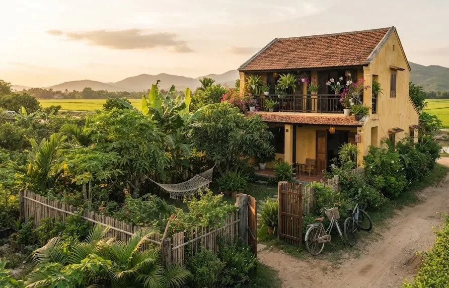 Two storey yellow guesthouse with a hammock garden and bicycles beside rice fields
