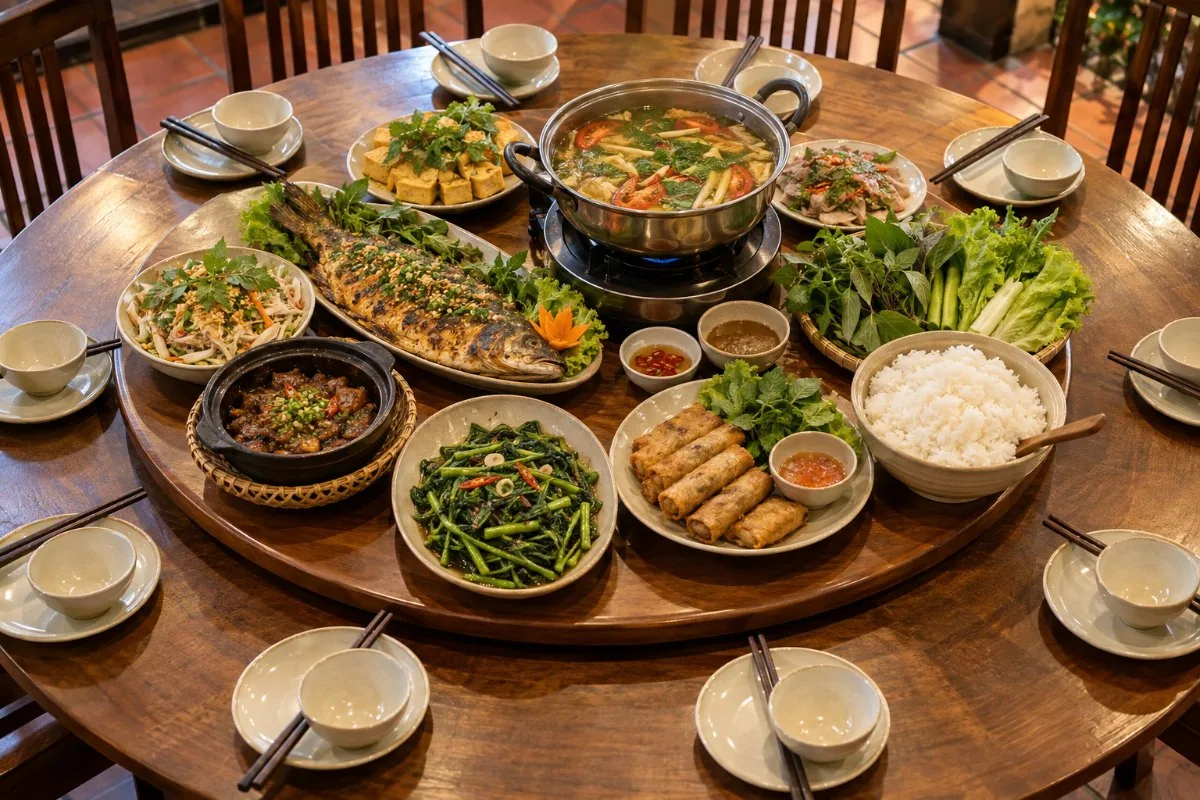 Round table with a lazy susan full of shared Vietnamese dishes and a hot pot