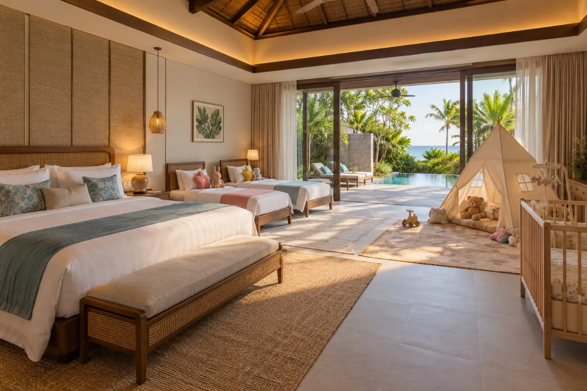 Family villa bedroom with a king bed, two kids beds, a cot and a play tent by a plunge pool