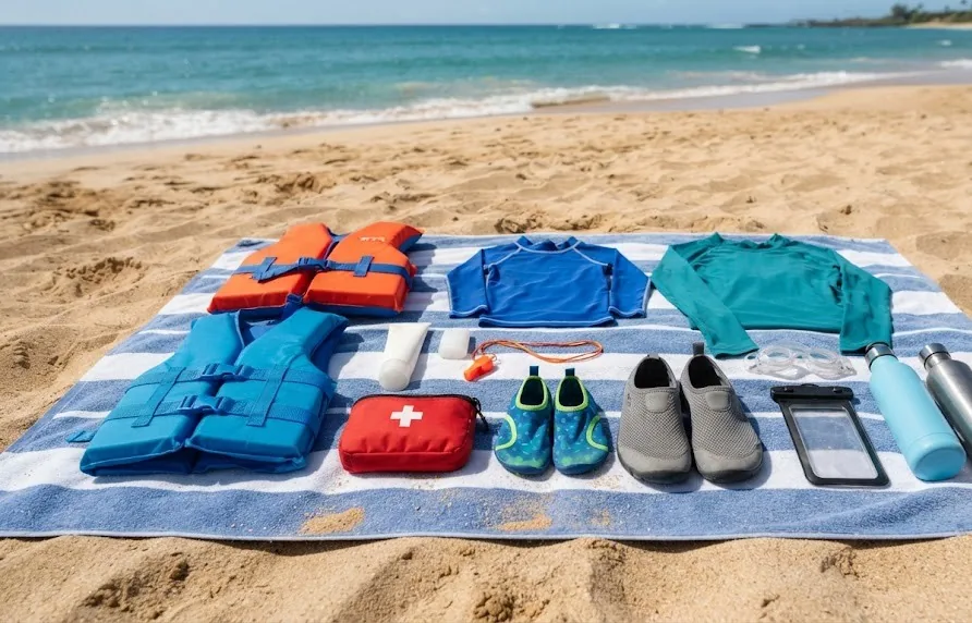 Kids life jackets, rash guards, first aid kit, whistle, water shoes and goggles on a beach towel