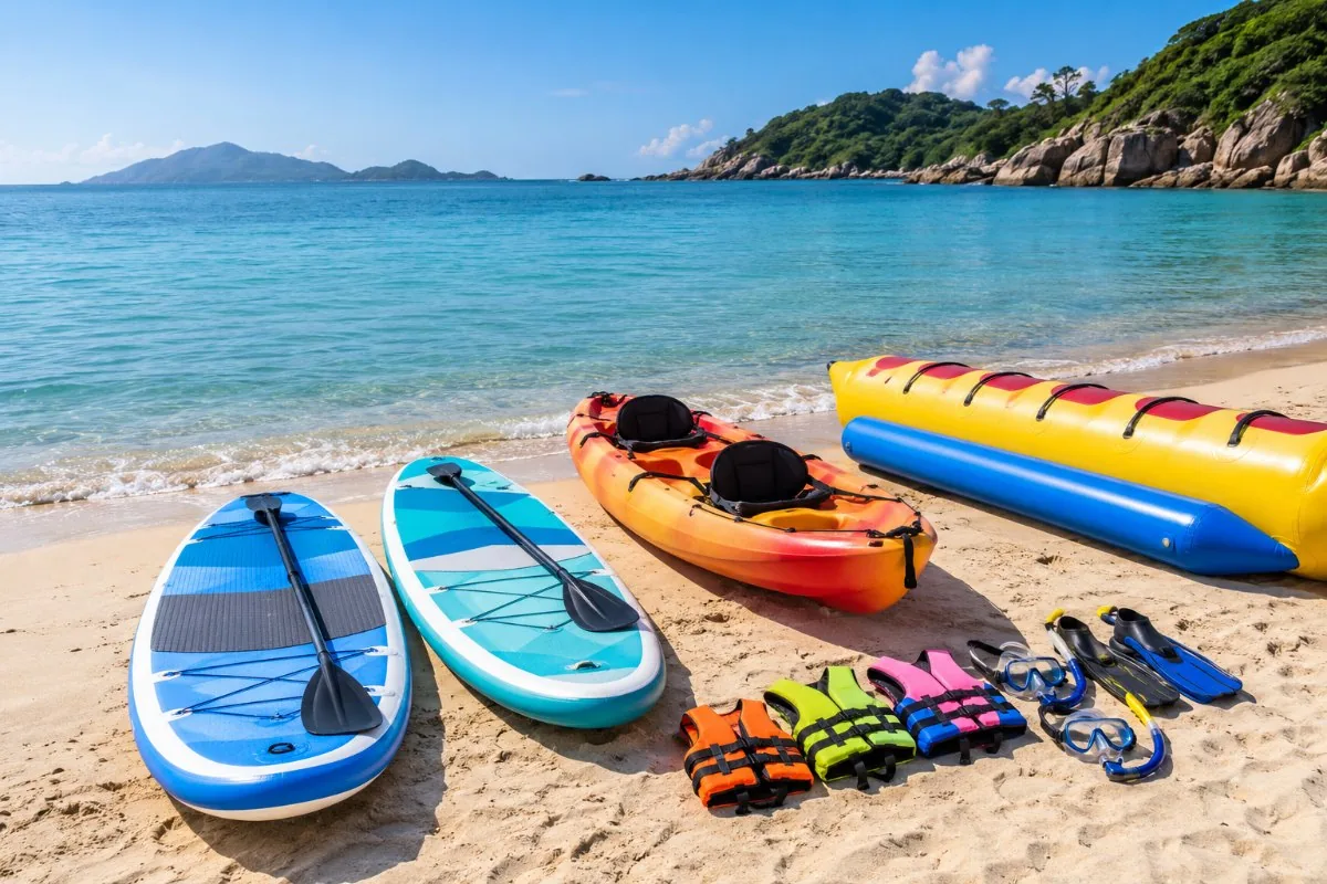 Paddle boards, a two seat kayak, a banana boat, kids life jackets and snorkel sets on the beach