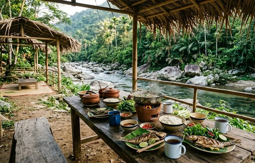 Rustic farm table with hotpot, grilled fish and rice under a thatched shelter beside a mountain stream