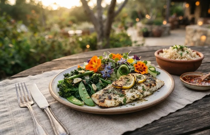 Grilled fish with garden greens, edible flower salad, brown rice and homemade chili sauce