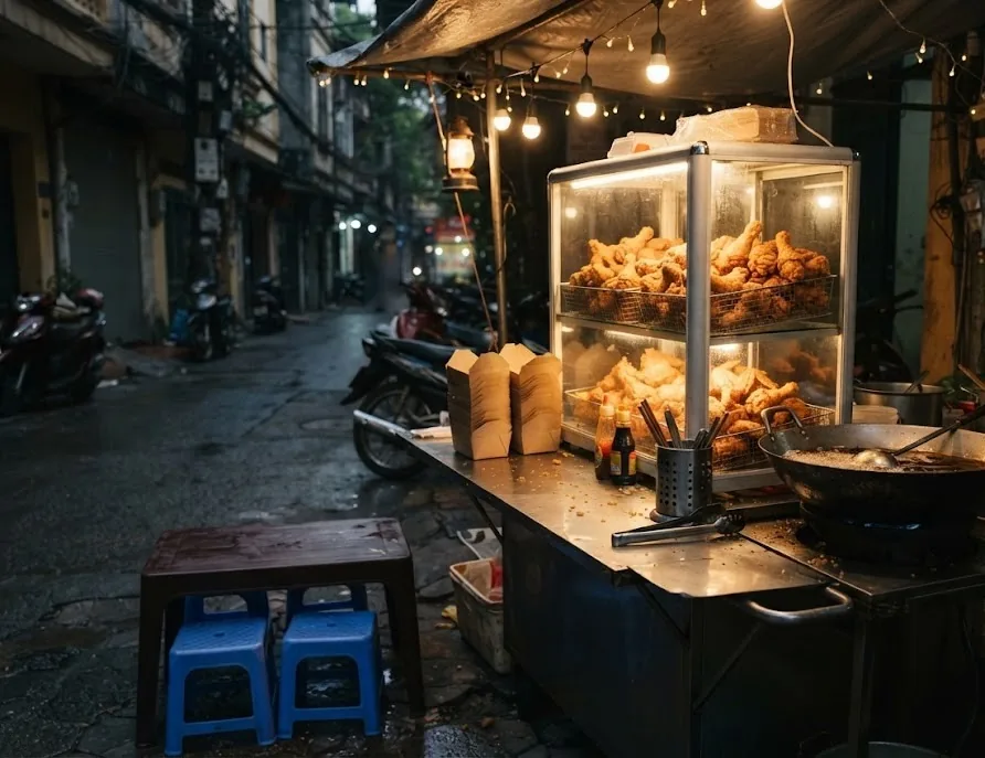 Night street stall with a glass case of crispy fried chicken and blue stools