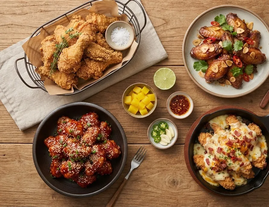 Several styles of fried chicken: crispy, Korean glazed, garlic wings and cheese