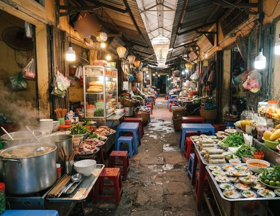 Covered market food alley with noodle soup pots, rice cakes and spring rolls