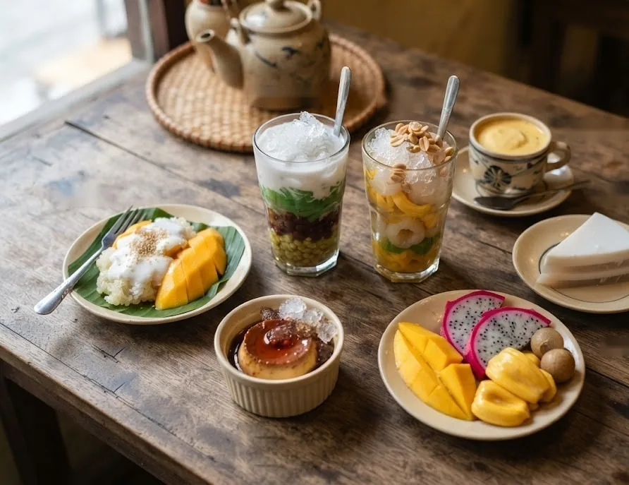 Vietnamese sweets: layered che, mango sticky rice, flan, egg coffee and tropical fruit