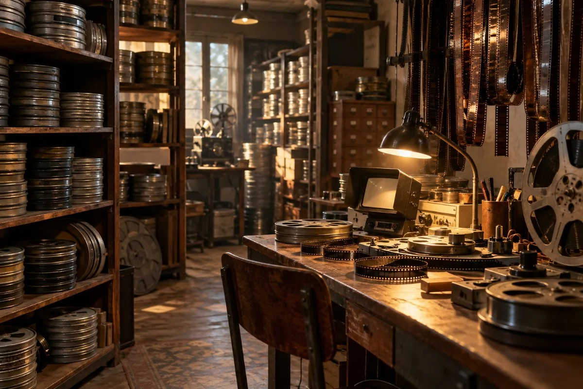 Film archive with shelves of reel canisters, hanging film strips and a vintage editing desk
