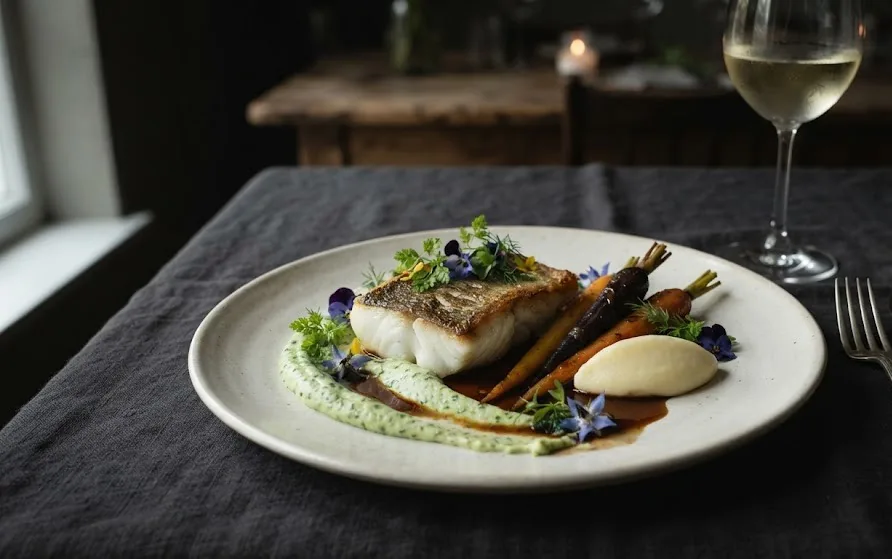 Pan-seared white fish on herb puree with baby carrots, potato quenelle and edible flowers