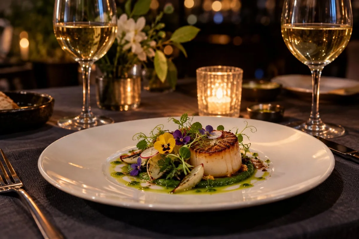 Seared scallop with herb sauce and edible flowers beside two glasses of white wine