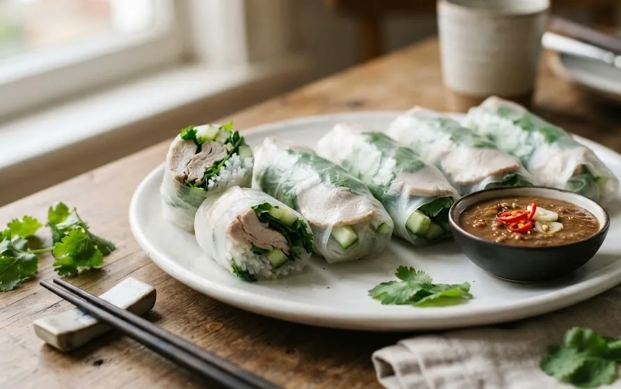 Row of rice paper pork rolls with herbs and cucumber beside a bowl of anchovy dipping sauce