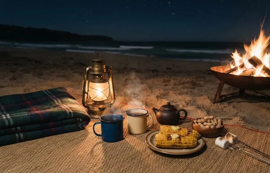 Blanket, brass lantern, enamel mugs, teapot, grilled corn, peanuts and marshmallows by a fire pit