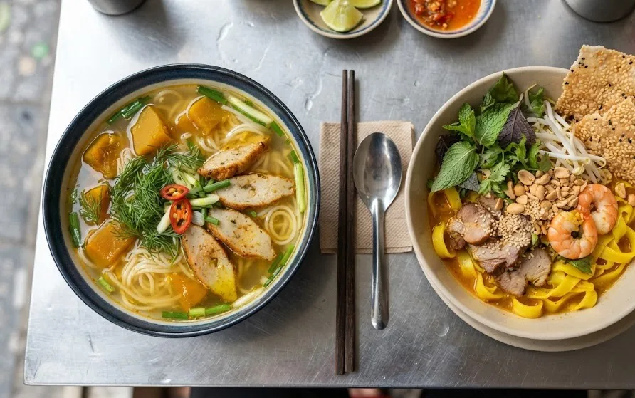 Two bowls side by side: clear fish cake noodle soup and wide turmeric noodles with pork and prawn
