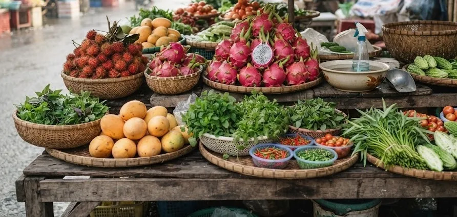 Market stall piled with dragon fruit, rambutan, mangoes, herbs and chilies