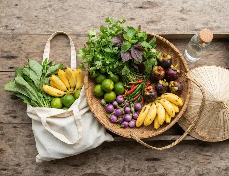 Cloth bag and bamboo basket filled with fresh market produce beside a conical hat