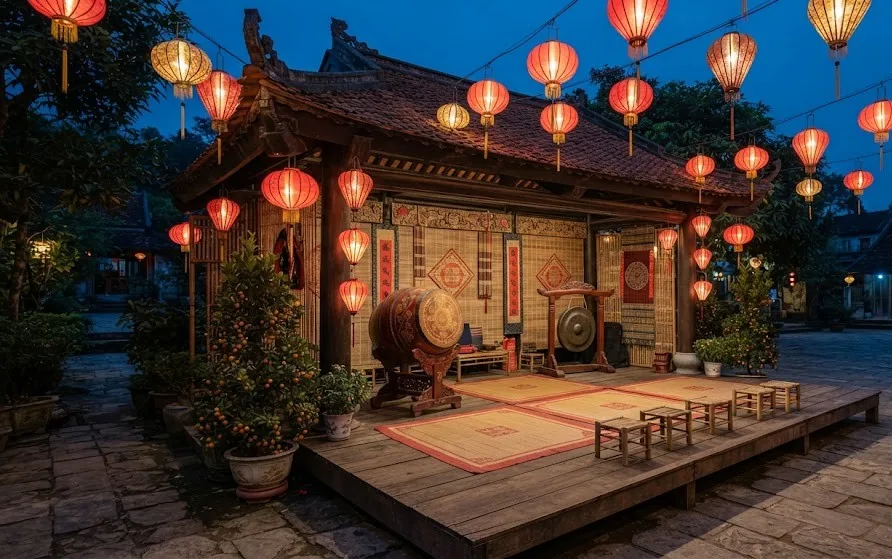 Wooden folk performance stage with a barrel drum, gong, mats and red lanterns at dusk