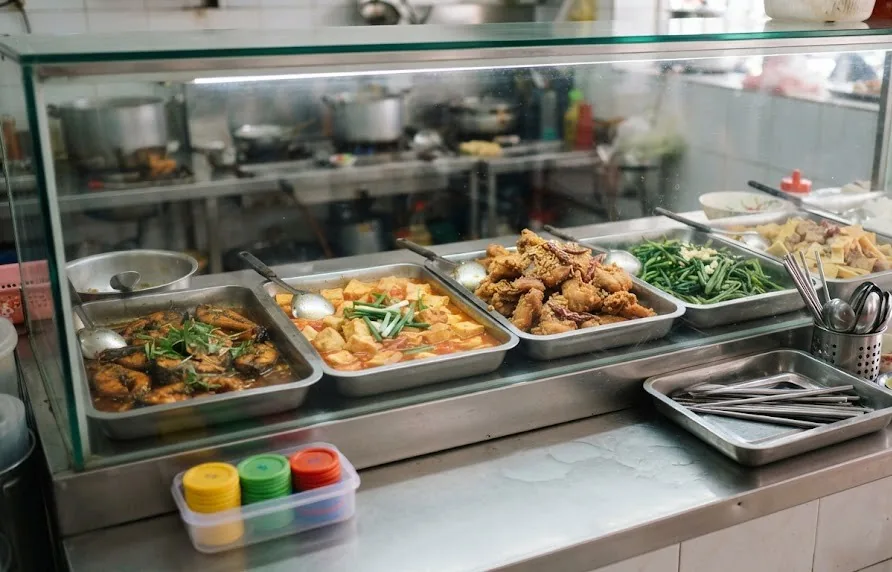 Glass counter with trays of braised fish, tofu in tomato sauce, fried chicken and greens