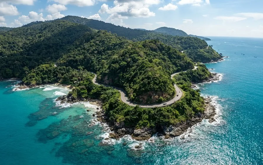 Aerial view of a jungle-covered headland with a winding coast road, rocky coves and turquoise sea