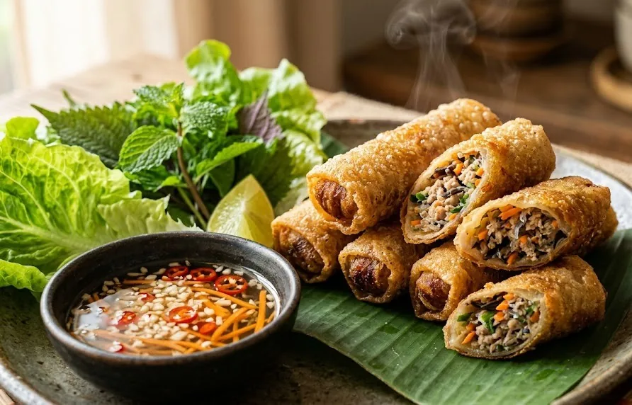 Crispy golden fried Vietnamese spring rolls on a banana leaf with fish sauce dip and fresh herbs