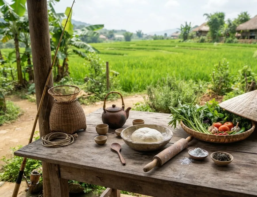 Farmstay activity table with fresh vegetables, rice dough, teapot and fishing gear
