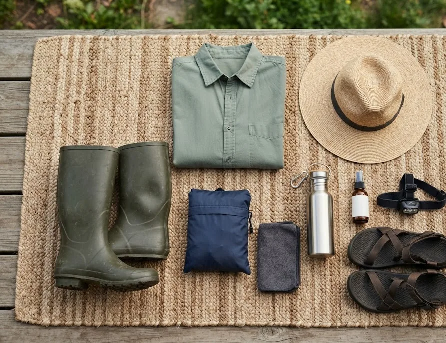 Farmstay packing list: rain boots, long-sleeve shirt, hat, headlamp and sandals