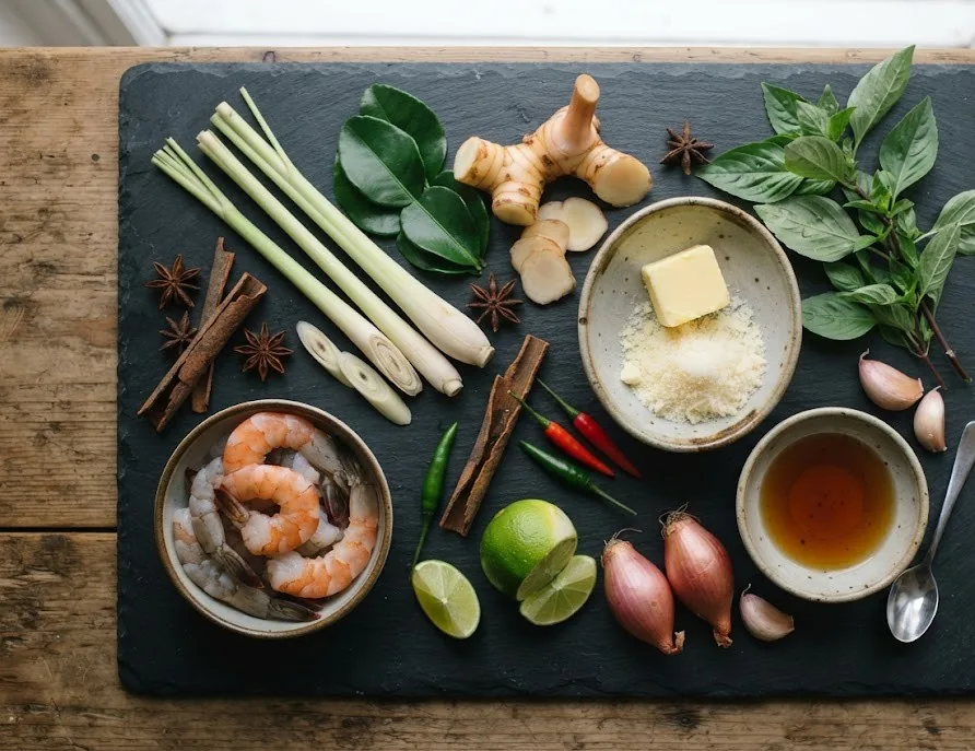 Local ingredients for fusion cooking: lemongrass, galangal, lime leaves, basil and prawns