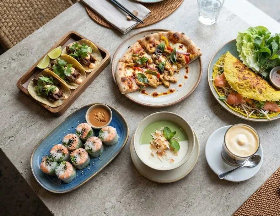 Fusion spread: pho beef tacos, lemongrass pizza, salmon banh xeo and spring roll sushi