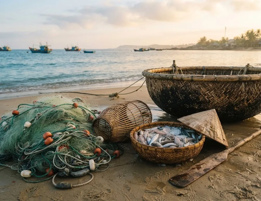 Fishing nets, a bamboo fish trap, a basket of fish and a conical hat beside a basket boat