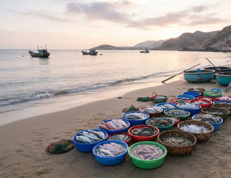 Early morning beach fish market with basins of fresh fish, squid and crabs