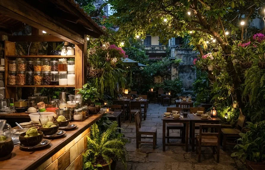 Garden dessert cafe with wooden tables, string lights and a counter of topping jars