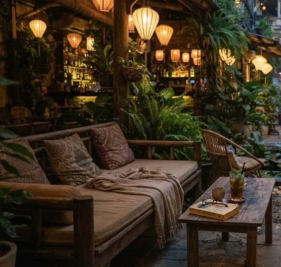 Garden lounge with a cushioned daybed, blanket, iced tea and paper lanterns among plants