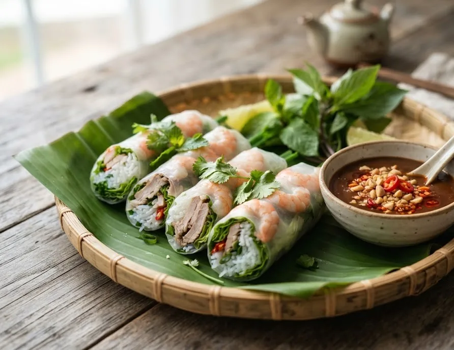 Goi cuon fresh spring rolls with shrimp and pork on a banana leaf with peanut sauce