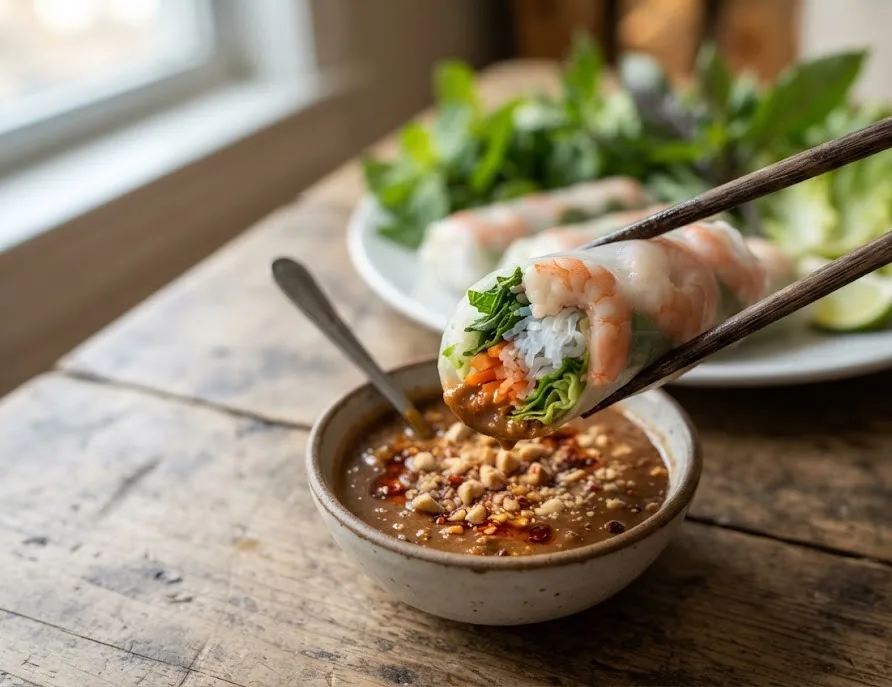 Spring roll held with chopsticks and dipped into peanut hoisin sauce