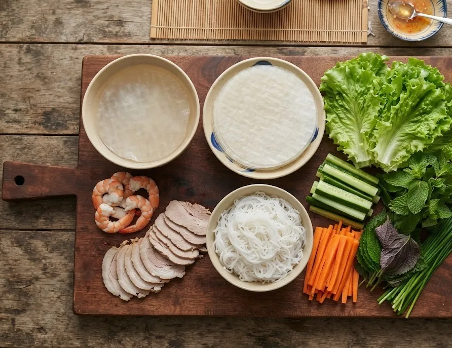 Fresh spring roll ingredients: rice paper, shrimp, pork, noodles, herbs and vegetables