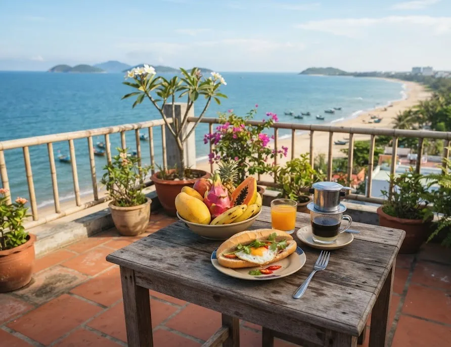 Breakfast of fruit, banh mi and drip coffee on a rooftop terrace overlooking the beach