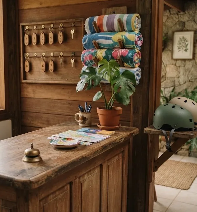 Small guesthouse reception desk with a service bell, room keys and beach towels